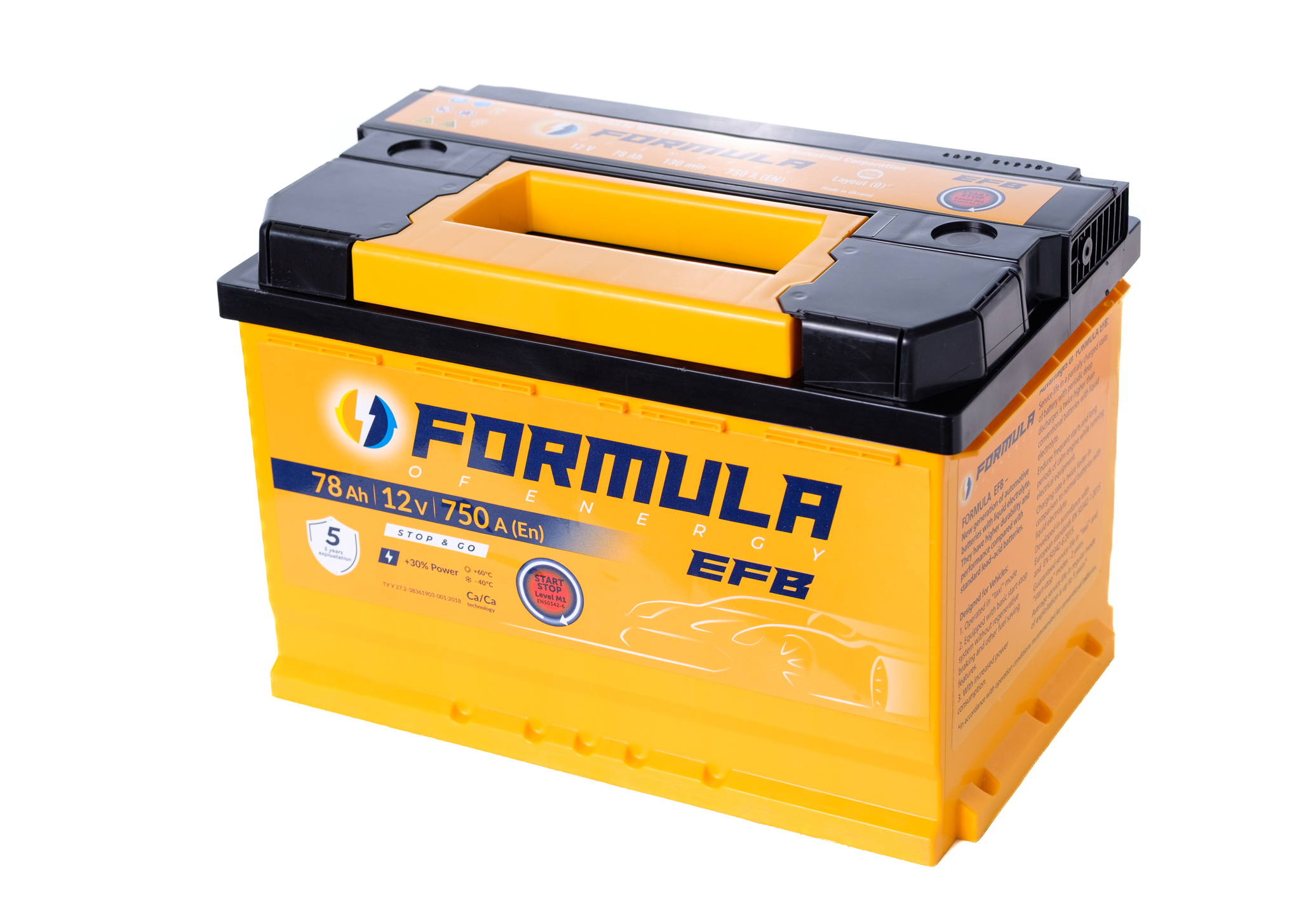 Акумулятор легковий Formula of energy EFB 6СТ-78(0), 12B, 78Ah, 750A, плюс праворуч (R+) 278x175x190мм (FEFB078E0)